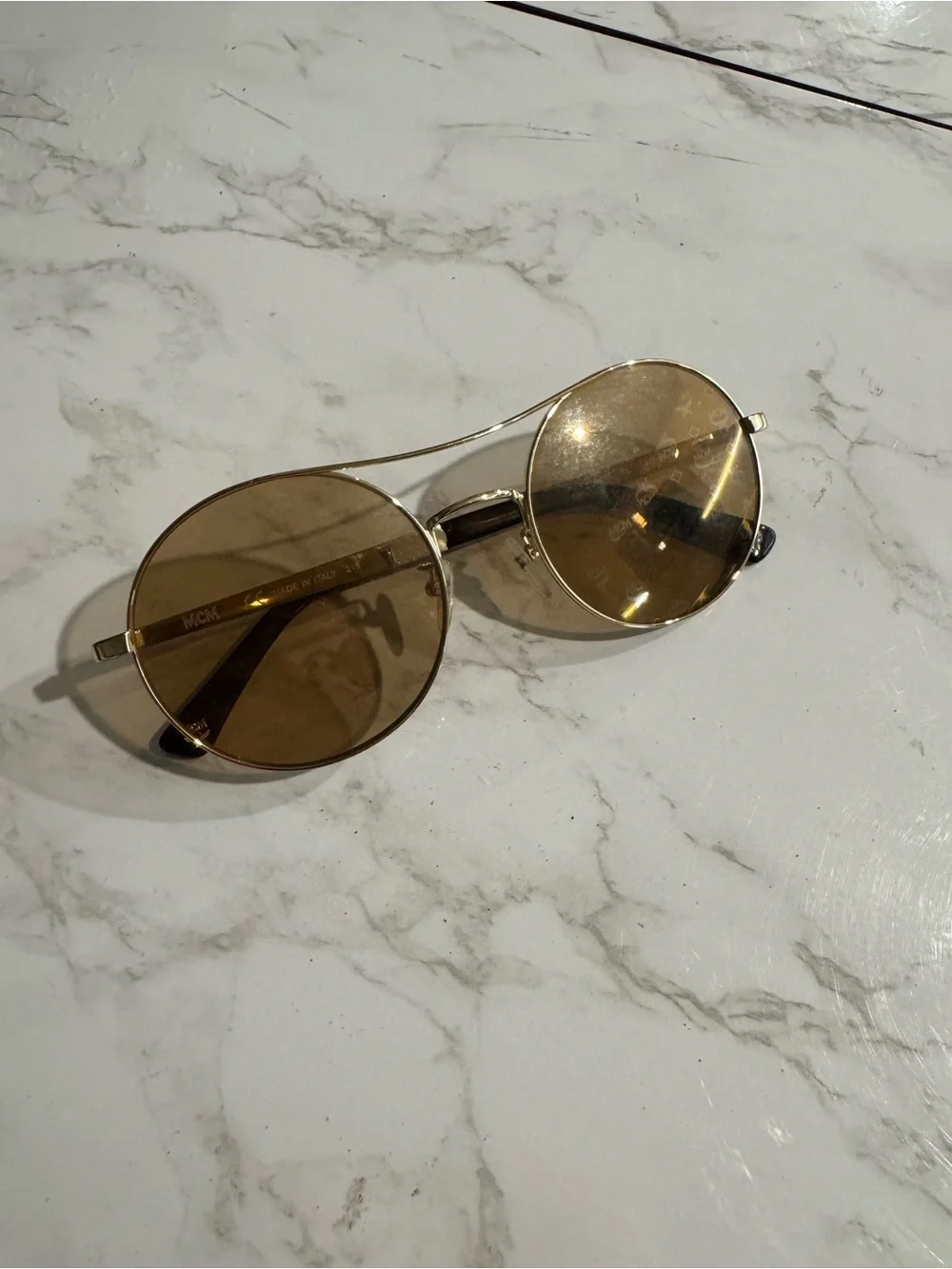 MCM Gold Round Metal Sunglasses, Monogrammed Lenses